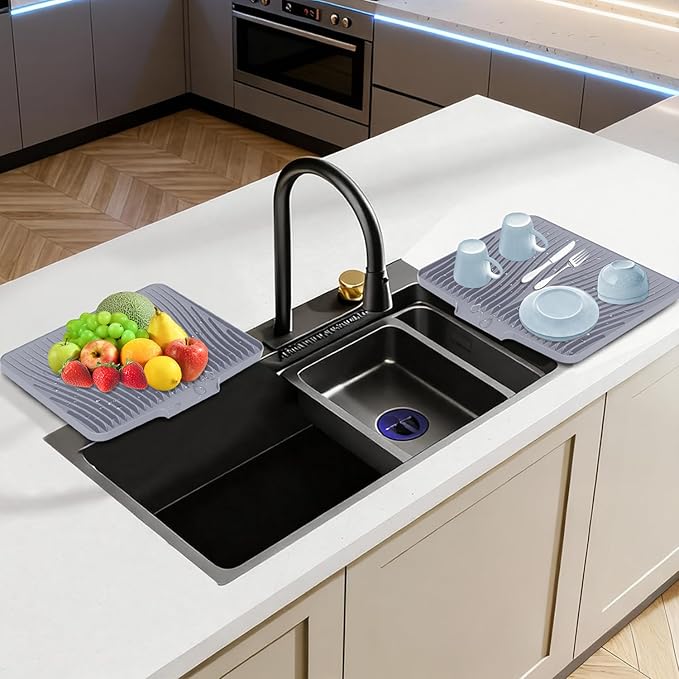 Silicone Dish Drying Mat for Kitchen Counter, Dish Drying Pad, Non-Slip Drain Pad with Built-in Drain, Heat Resistant Stone Drying Mat,Grey, 2pcs-XL