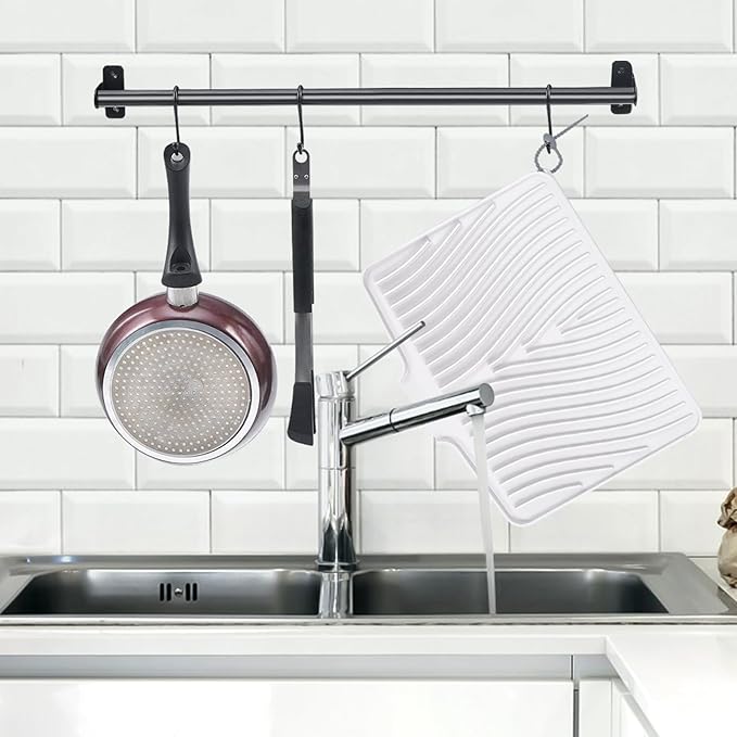 Silicone Dish Drying Mat, Stone Drying Mat for Kitchen Counter with Built-In Drain, Non-Slip Drain Pad with Built-in Drain, Heat Resistant Stone Drying Mat, Hangable, White-2pcs, 16" x 12"