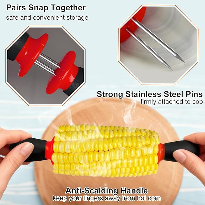 12 Pcs/6 Pairs Corn Holders, Stainless Steel Corn Cob Holders Corn on The Cob Skewers for Home Cooking BBQ Parties Camping, Red-Black