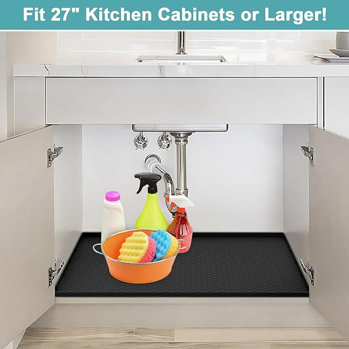 Silicone Under Sink Mat 25 x 19, Waterproof Under The Sink Mats for Kitchen, Under Kitchen Sink Mats and Protectors, Under Bathroom Sink Mat, Cabinet Liner Shelf Liner Black