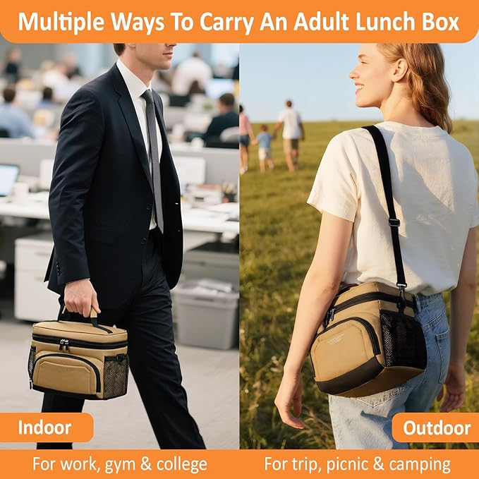 Vankor Insulated Lunch Bag for Men Women, Reusable Lunch Box Leakproof Cooler Lunch Tote Bag with Adjustable Shoulder Strap for Work Office Picnic Beach Travel, Khaki