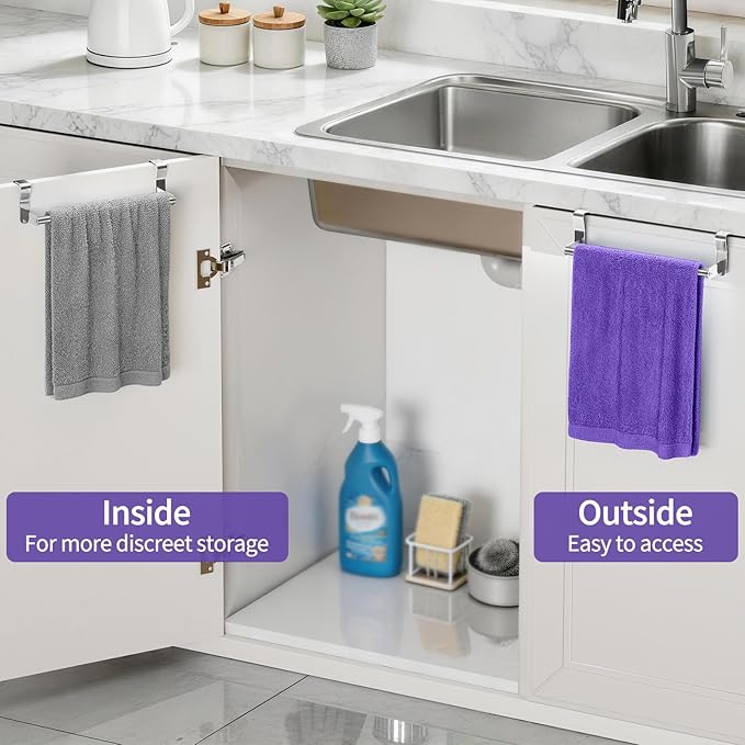 Over Cabinet Towel Holder, 2 Pack Kitchen Cabinet Door Towel Bar, Stainless Steel Over the Cabinet Dish Towel Rack for RV, Brushed Nickel
