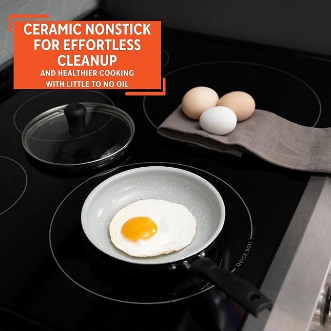 IMUSA 6.3” Gray Speckled Ceramic Mini Fry Pan with Glass Lid – PFAS Free Nonstick Small Skillet for Eggs, Mini Omelets, Crepes & Single Servings, Matte Black Exterior