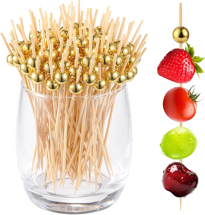 200 Pcs Cocktail Picks, Gold Plastic Ball Decor Skewer for Appetizers, Fruit, Kebabs, Mini Burger, Bamboo Skewers for Drinks, Handheld Toothpicks, Food Sticks Natural, Kitchen Gadget