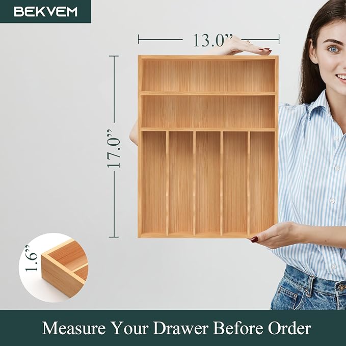 Silverware Organizer, Bamboo Kitchen Drawer Organizer, Utensil Holder, Cutlery Tray & Spoon Flatware Storage with Grooved Drawer Dividers (13''W x 17''D)