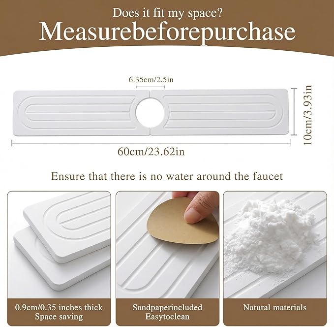 Premium Diatomite Stone Drying Mat for Kitchen Counter - Faucet Mat for Kitchen Sink, Sink Protector & Splash Guard, Quick-Dry Kitchen Sink Mat,Super Absorbent (White, 23.6" x 4")