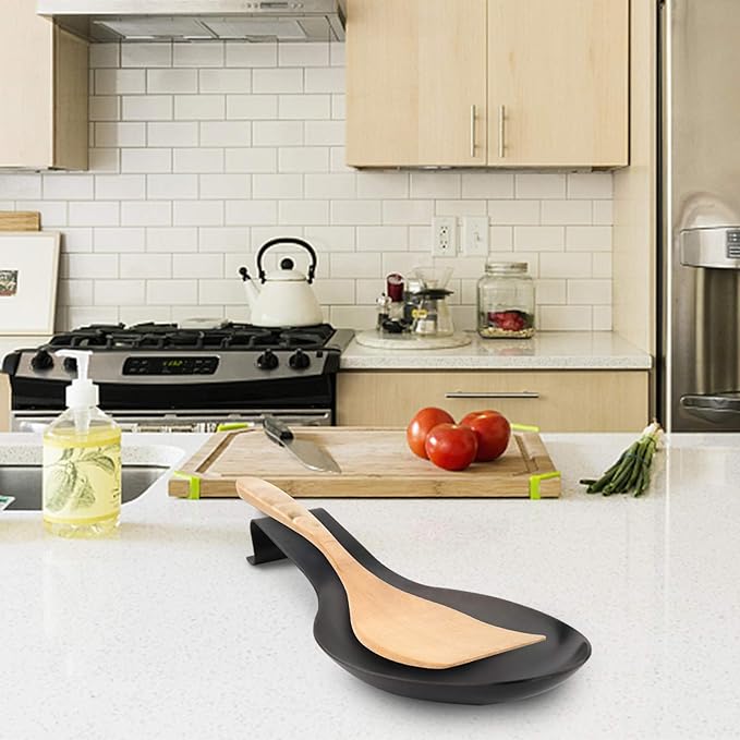 Stainless Steel Spoon Rest, Spatula Ladle Holder, Stainless Steel Utensil Spoon Rest Holder, Brushed Finish, Dishwasher Safe 9.8 x 3.7 Inch (Black 1PC)