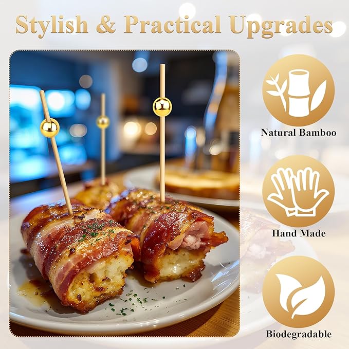 [300PCS] Cocktail Picks, Fancy Toothpicks for Appetizers Drinks Food Fruit, 4.7 IN Long Decorative Bamboo Skewers, Gold Pearl Wooden Garnish Sticks for Charcuterie Boards Accessories Party Supplies