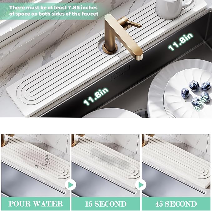 Stone Faucet Mat for Kitchen Sink, Diatomite Drying Stone Tray & Sink Protector, Water-Absorbing Splash Guard, Prevent Moisture on Kitchen & Bathroom Counter (White,23.6" x 3.9")