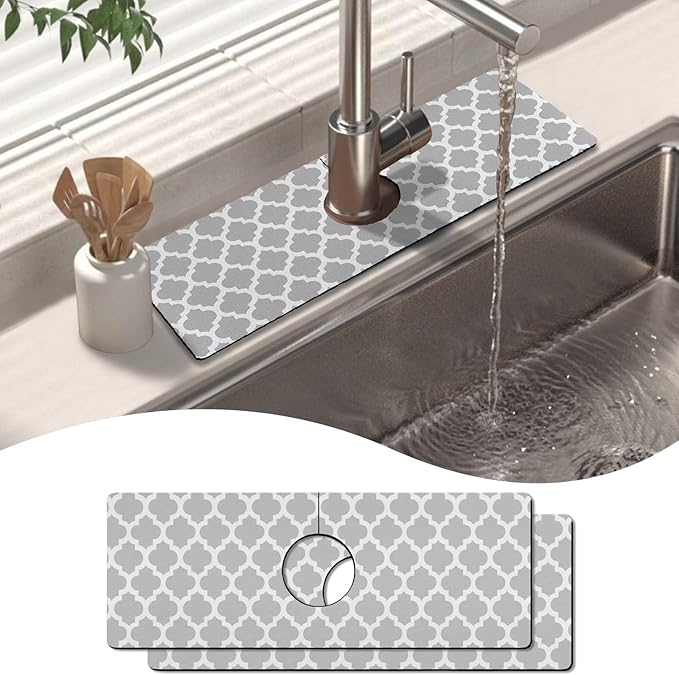 2 Pack 2 Pack Kitchen Sink Splash Guard Faucet Mat 15" X 5.5" Geometry Absorbent Fast Drying Mat Faucet Draining Mat Sink Splash Guard Behind Faucet Drip Catcher for Kitchen Bathroom