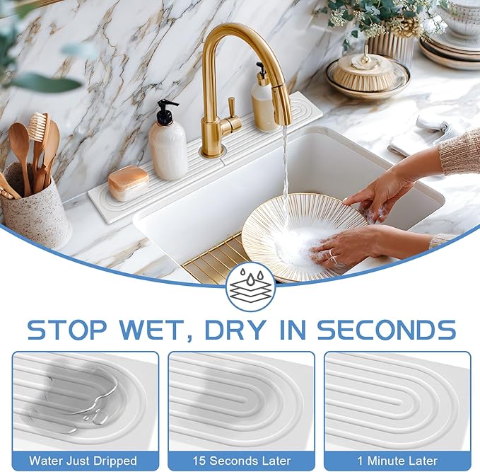 Stone Faucet Mat for Kitchen Sink, Water Absorbent Fast Drying Stone Tray for Sink , Quick Dry Diatomite Splash Guard for Bathroom Counter to Prevent Moisture Buildup, 30" x 4", White