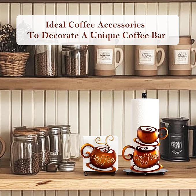 Standing Paper Towel Roll Holder Countertop for Coffee Lovers Women Men, Farmhouse Kitchen Decor and Accessories, Coffee Table Decor for Kitchen Home, 3D Hand-Painting Pattern, Metal