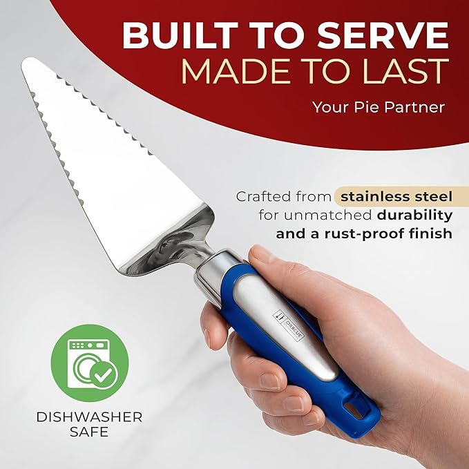 Orblue Pie Server, Essential Kitchen Tool, Serrated on Both Sides, Great for Right or Left Handed Chef, Stainless Steel Flatware, Cake Cutter, Royal Blue