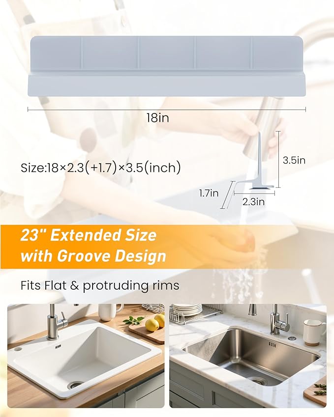 Kitchen Sink Splash Guard 23" Silicone Water Guard with Strong Suction Cups, Faucet & Countertop Protector, Bathroom & Sink Edge Splash Guard Strip, Easy Install, Dishwasher Safe-Grey