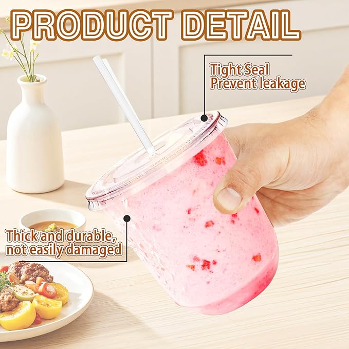 Alaeseje 50 Pack Clear Plastic Cups with Lids and Straws,12 oz Disposable Iced Coffee Cups,PET Crystal Cups,Round Bottom To Go Cup for Iced Coffee Juice Smoothie Cold Beverage