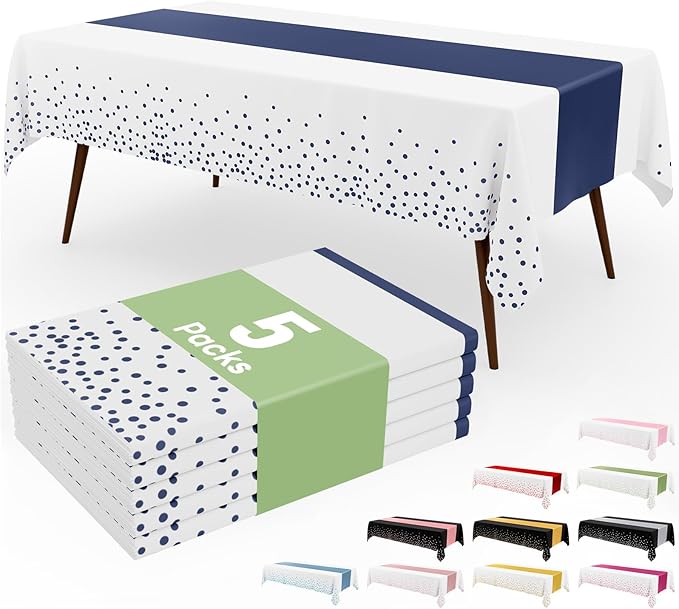 Smiry Plastic Table Cloth Disposable 5 Pack, 54 x 108 Inch Rectangle Waterproof Tablecloth, Printed Gold Table Runner Style for Birthday Weeding, Party Decorations, Leakproof & Sturdy, White and Navy