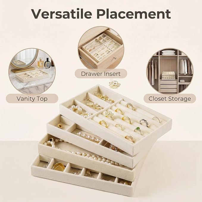 Velvet Jewelry Organizer for Drawer, Stackable Jewelry Drawer Inserts in Dresser, 8in Beige Storage Display Case for Rings Stud Necklaces Accessories, Set of 12