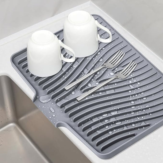 Silicone Dish Drying Mat for Kitchen Counter, Dish Drying Pad, Non-Slip Drain Pad with Built-in Drain, Heat Resistant Stone Drying Mat(16" x 12", Grey)