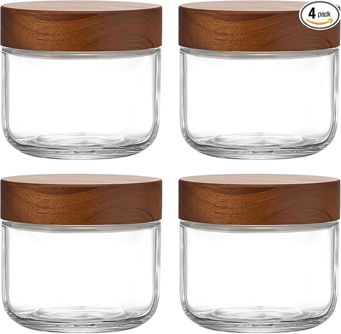 Danmu 8 oz Overnight Oats Containers with Lids,Salad Jar,Glass Jar with Wooden Lid 4 Pack,Mason Jars 8 oz with Lids for Snack,Overnight Oats,Meal Prep,Yogurt,Parfait,Soup,Salad 100% Leak-proof
