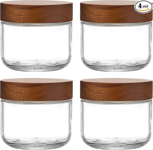 Danmu 8 oz Overnight Oats Containers with Lids,Salad Jar,Glass Jar with Wooden Lid 4 Pack,Mason Jars 8 oz with Lids for Snack,Overnight Oats,Meal Prep,Yogurt,Parfait,Soup,Salad 100% Leak-proof