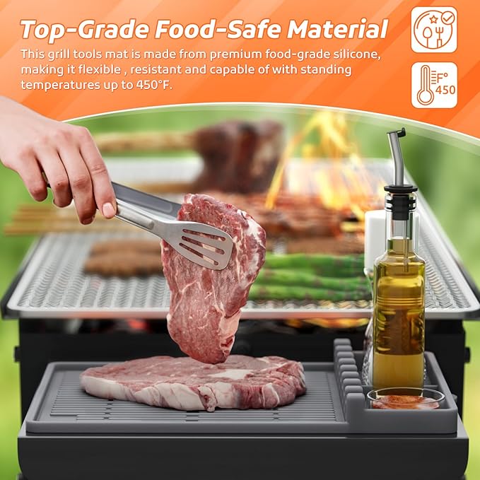 MealHelper Silicone Griddle Tools Mat Compatible with Blackstone Griddles, Grill Mat for Outdoor Grill Side Shelf with Seasoning Jar Holders, BBQ Tool Rest, Grey