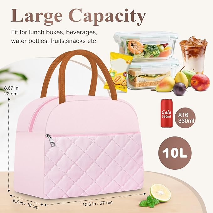 KUBYA Lunch Box for Women Adult Men Insulated Cute Quilted Lunch Bag Women Reusable Large Lunch Tote Bag Leakproof Simple Cooler Bag for Work Office Picnic Beach or Travel