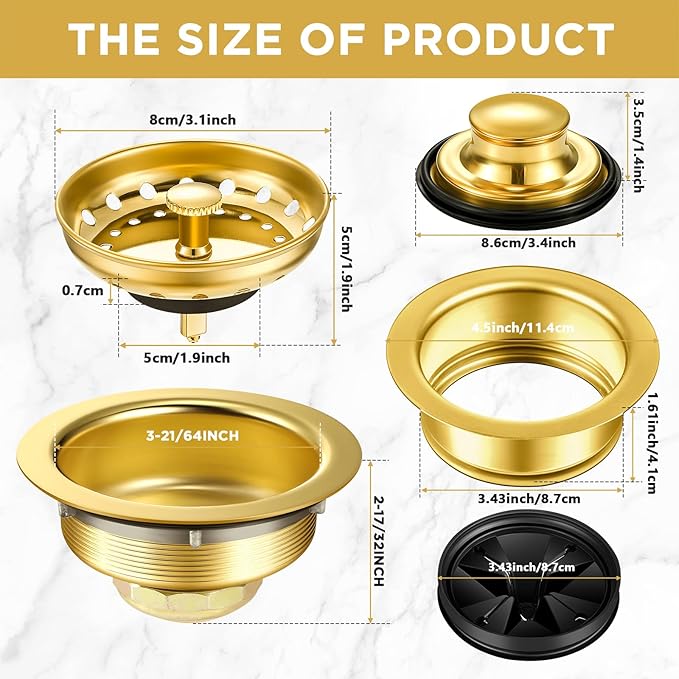 Norme 5 Pcs 3-1/2 Inch Kitchen Sink Drain Strainer Assembly Garbage Disposal Flange Stopper Plug Garbage Disposal Splash Guard Stainless Steel Sink Drain Strainer Replacement Kit(Gold)