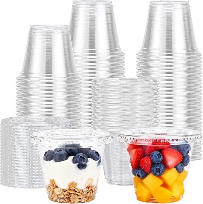 Lamosi 200 Pack 9 oz Clear Plastic Cups with Lids, Clear Disposable Cups with Flat Lids No Hole for Fruit, Snack, Pudding, Cold To Go Drinks or Milkshake