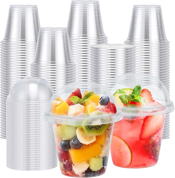 Clawsoff 200 Pack 9 oz Plastic Cups with Dome Lids, Disposable Dessert Cup No Hole, Fruit Cup, Clear Parfait Cups for Cake, Cold Drink, Ice Cream, Salad