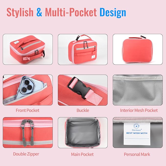 Genteen Lunch Bag for Women Men Girls Teens Insulated Leakproof LunchBox for Adult Reusable Lunch Box with Bottle Holder for Work Office School Travel Picnic-Red
