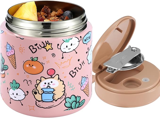 Kids Thermo Food Jar for Hot Food, 15.2 oz Vacuum Insulated Hot & Cold Lunch Container with 316 Stainless Steel Interior, Wide Mouth Soup Jar for School (Ice Cream Pink)