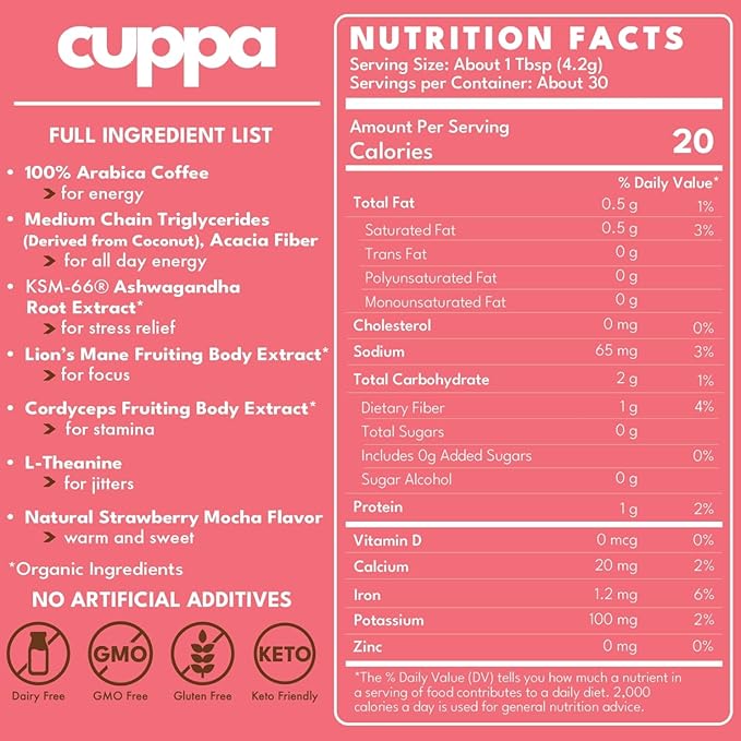 Cuppa Coffee - Great tasting Straberry Mocha coffee with mushrooms, adaptogens & superfoods - Lion's Mane, Ashwagandha, Cordyceps, MCT, Prebiotic Fiber & L-Theanine. Supports natural energy & better mental focus, overall well-being + a happier gut (60 ...