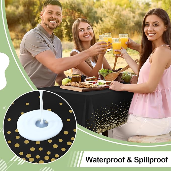 misaya 3 Packs Dot Disposable Table Cloth, 54 x 108 Inch Waterproof Plastic Tablecloth, Rectangle Gold Dots in Black Table Covers for Picnic, Birthday, Party