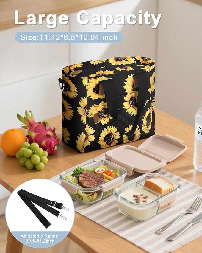 Insulated Lunch Box for Women & Men - Large Thermal Lunch Bag Women with Removable Shoulder Strap, Reusable Lunch Cooler Tote Bags Purse for Adults Work, Picnic, Hiking, Beach, Travel, M-Sunflower