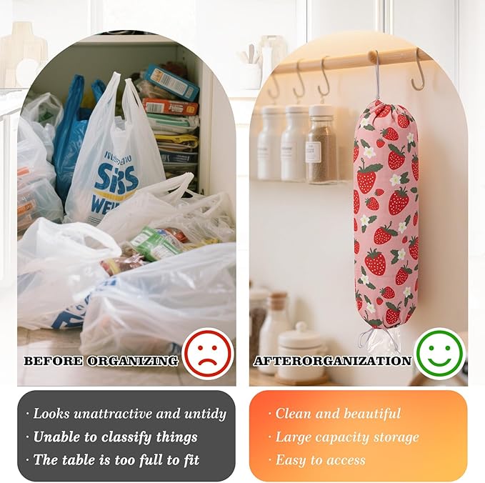 Strawberry Grocery Plastic Bag Holder and Dispenser,Farmhouse Home Decor,Reusable Grocery Accessories Organizer,Garbage Shopping Trash Bags Storage for Kitchen,Gifts for Women Family