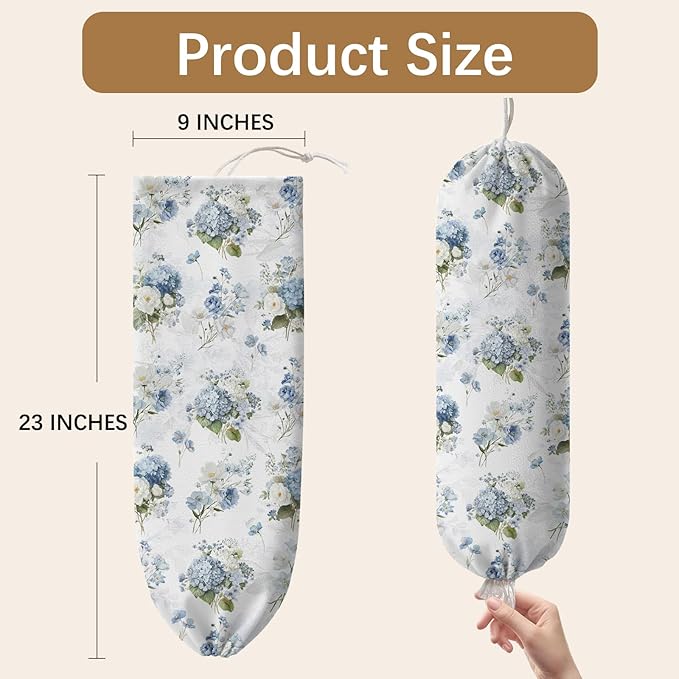 Plastic Bag Holder Dispenser, Floral Plastic Grocery Bag Organizer & Wall Mount Paper Trash Bags Saver Storage for Kitchen Home Pantry Decor, Hydrangea Floral Kitchen Decor