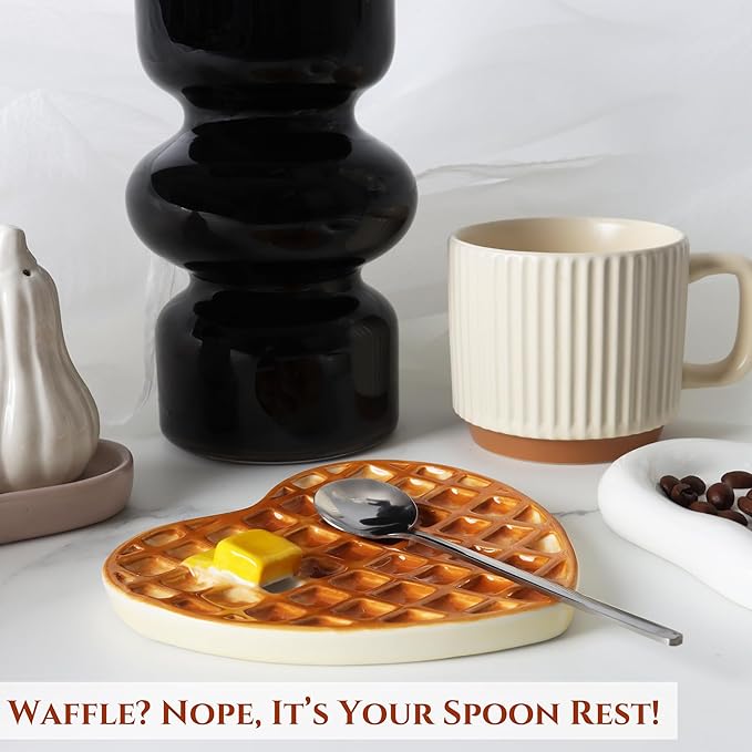 Waffle Spoon Rest for Stove Top, Cute Spoon Holder for Kitchen Counter Cooking Utensil Rest Ceramic Coffee Spoon Rest, Yellow Kitchen Counter Decor (Waffle Spoon Holder)