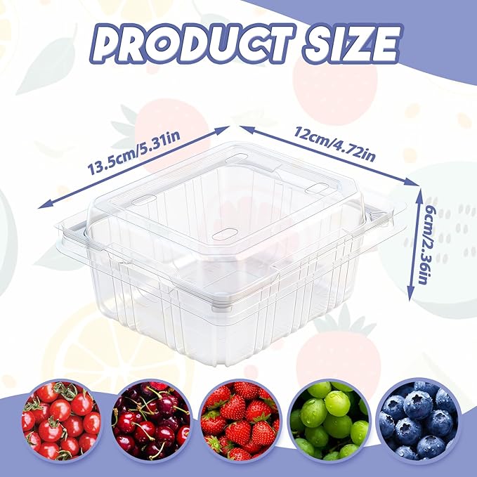 Threehoney 100 Pack Clear Plastic Vented Berry Containers with Clamshell Lids, 1/2 Pint Berry Baskets for Strawberry, Disposable Food Storage for Farmers Market Fridge Picnic (5.3×4.7×2.4 Inch)