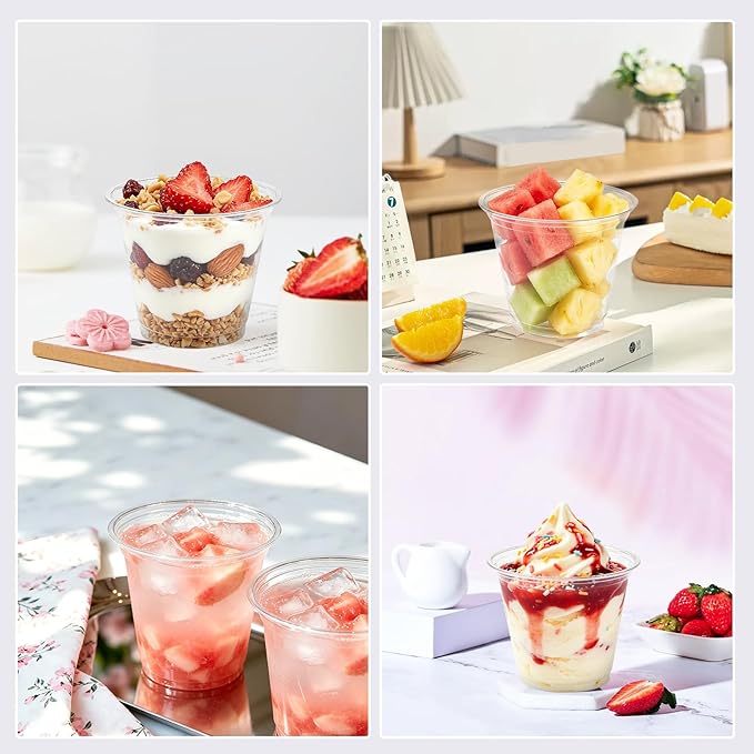 Lamosi 9 oz Clear Plastic Cups 50 Pack, Sturdy & Food Safe Disposable Cups for Cold or Iced Drinks, Dessert, Party or Wedding