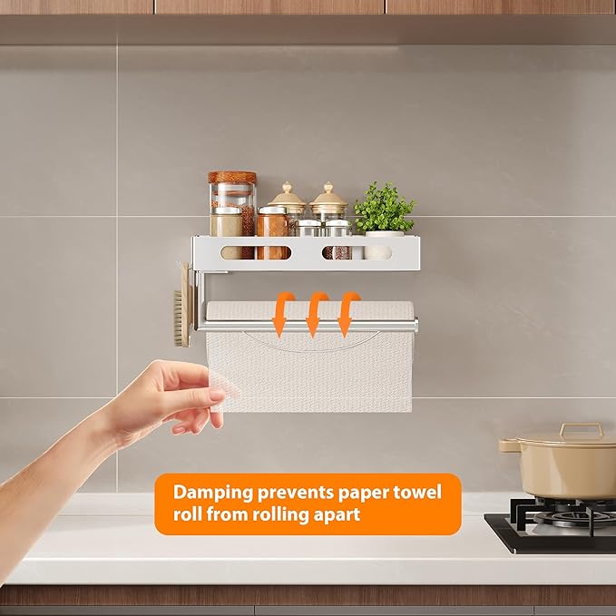 Paper Towel Holder Wall Mount for Bathroom, Paper Towel Holder with Shelf for Kitchen, RV Paper Towel Rack Stainless Steel, Silver