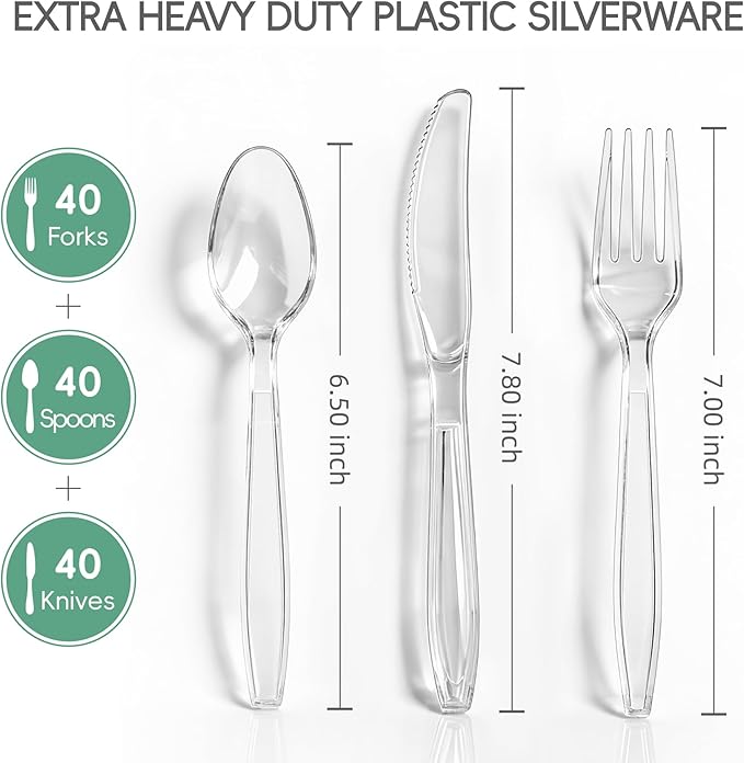 120 Count Heavy Duty Clear Plastic Silverware, 40 Forks, 40 Spoons, 40 Knives, BPA-Free and Heat Resistant, Disposable Cutlery set, Premium Clear Utencils for Party and Daily Use