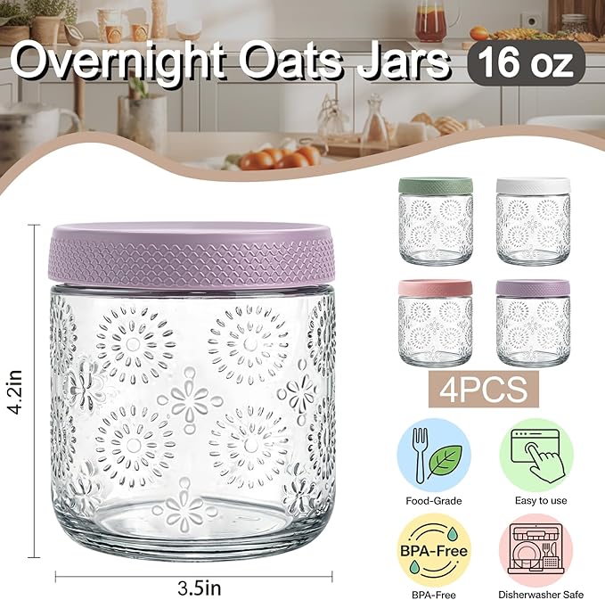 4 pack 16 oz Overnight Oats Containers with Lids, Glass Food Storage Container, Airtight Salad Jars, Mason Jars for Overnight Oats, Yogurt, Oatmeal, Salad, Coffee, Spices