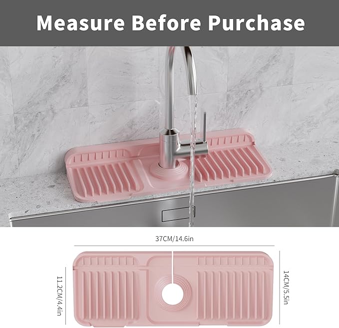 WAFT YEARN 14X5 Inch Silicone Durable Faucet Mat Kitchen Sink Splash Guard Draining Protector Tray Liner Absorbent Protective Counter Accessories For Sink Kitchen Bathroom Laundry Room Bar & RV Pink