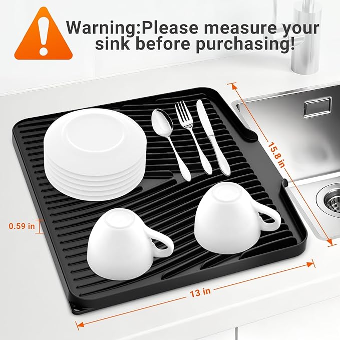 Silicone Dish Drying Mat for Kitchen Counter, Non-Slip Drain Pad, Dish Drying Pad, Easy to Clean Dish Rack Pad, Multi-Use as Heat Resistant Trivet, 15.8" x 13" , Black