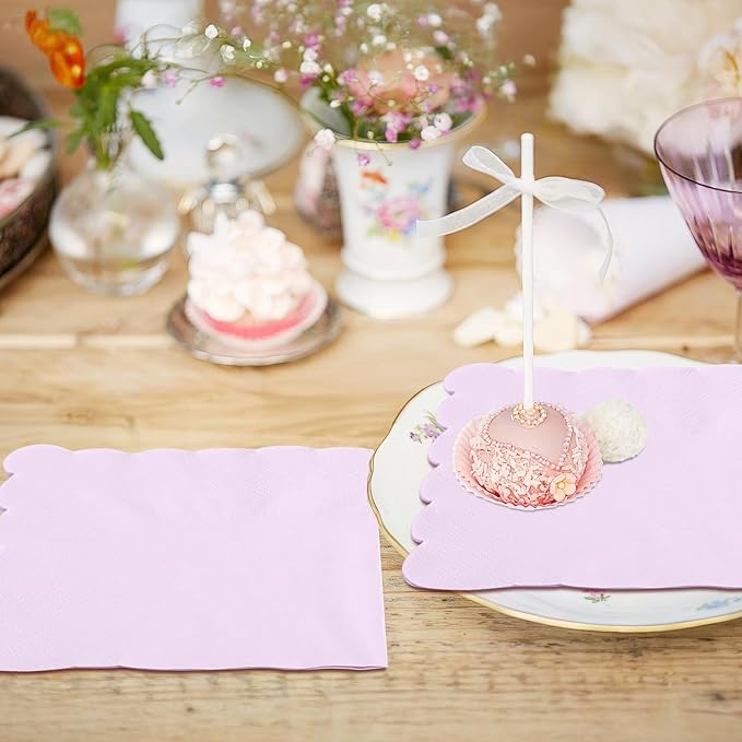 100 Pcs Cocktail Napkins, 2-Ply 5 x 5 Inches Disposable Scalloped Napkins, Thick Premium Dessert Napkins for Party, Wedding, Dinner, Birthday, Anniversary, Festival (Light Purple)