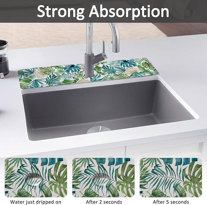 24" X 5.5" Kitchen Sink Splash Guard Faucet Mat Leaf Super Absorbent Fast Drying Faucet Guard & Draining Mat Sink Splash Guard Behind Faucet for Kitchen, Bathroom