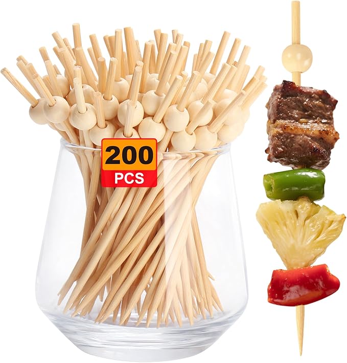 200PCS Cocktail Picks, Natural Fancy Toothpicks for Appetizers, Wooden Ball Bamboo Skewers for Appetizers, 4.7 IN Long Decorative Cocktail Sticks for Drinks Food Party Charcuterie Boards Accessories