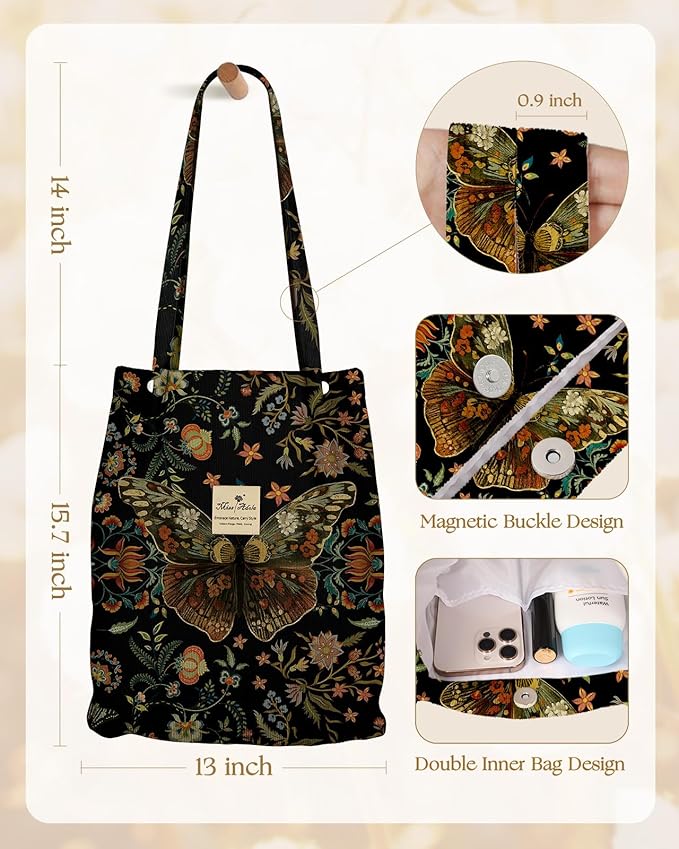Miss Adola Corduroy Tote Bag for Women - Reusable Totes with Magnetic Buckle & Pocket Aesthetic Design Work Grocery Bags