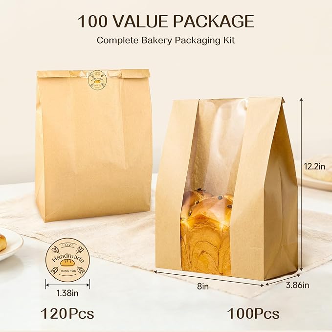 Tripho 100 Pcs Bread Bags for Homemade Bread with Clear Window & 120 Stickers, Sourdough Bread Bags for Storage of Bread,Cookies & Snacks, Large Bakery Paper Bags