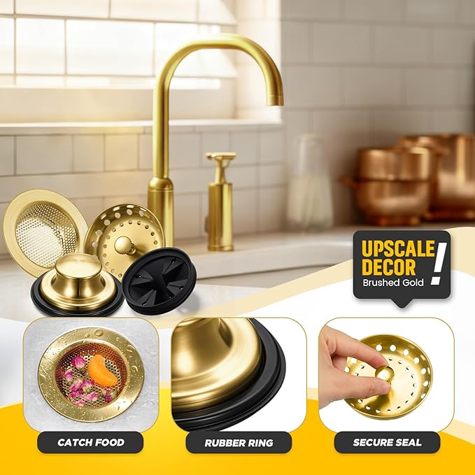 4 Pcs Brushed Gold Kitchen Sink Accessories Garbage Disposal Splash Guards 3.4'' Sink Drain Strainer and Stopper Stainless Steel Garbage Disposal Plug for Kitchen Drain Strainer
